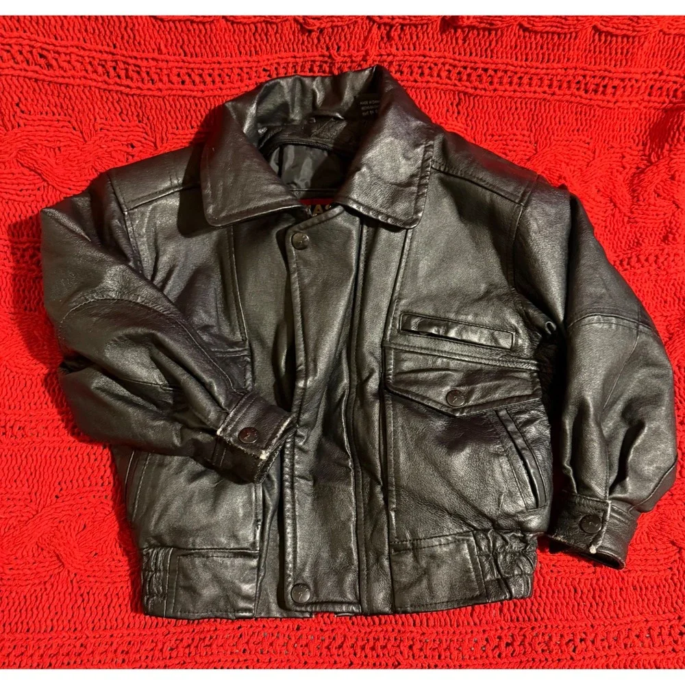 Phase 2 Kids Black Genuine Leather Bomber Jacket Vintage 1980's
